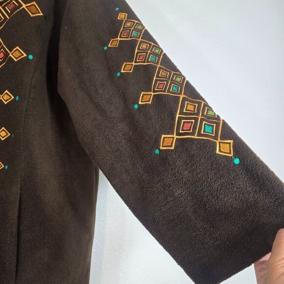 Bob Mackie Wearable Art Fleece Coat Jacket Women 1X Geometric Embroidered Brown - Picture 5 of 10